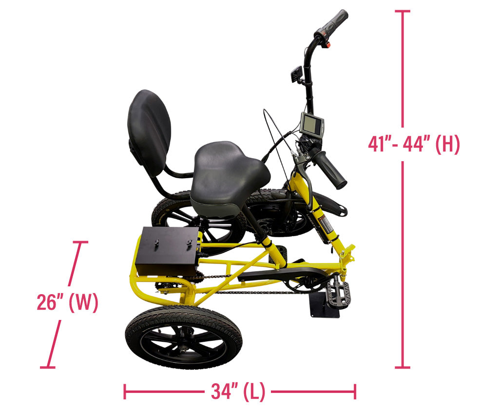 When the rear basket is removed and folded, it measures 34in in length, 26in in width and 41-44in in height.