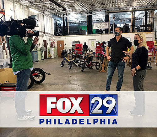 Jen Frederick from Fox 29 News interviews Jason Kraft about Giving Tuesday and donating 10 Liberty Trikes to kids with SMA.