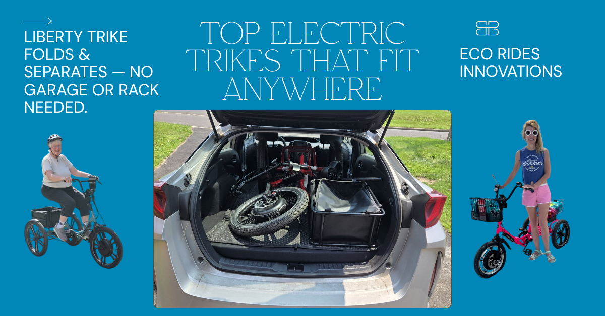 Side-by-side comparison showing Liberty Trike folded in a small space next to a bulky electric trike. Liberty Trike is shown neatly stored in a compact apartment entryway or car trunk.