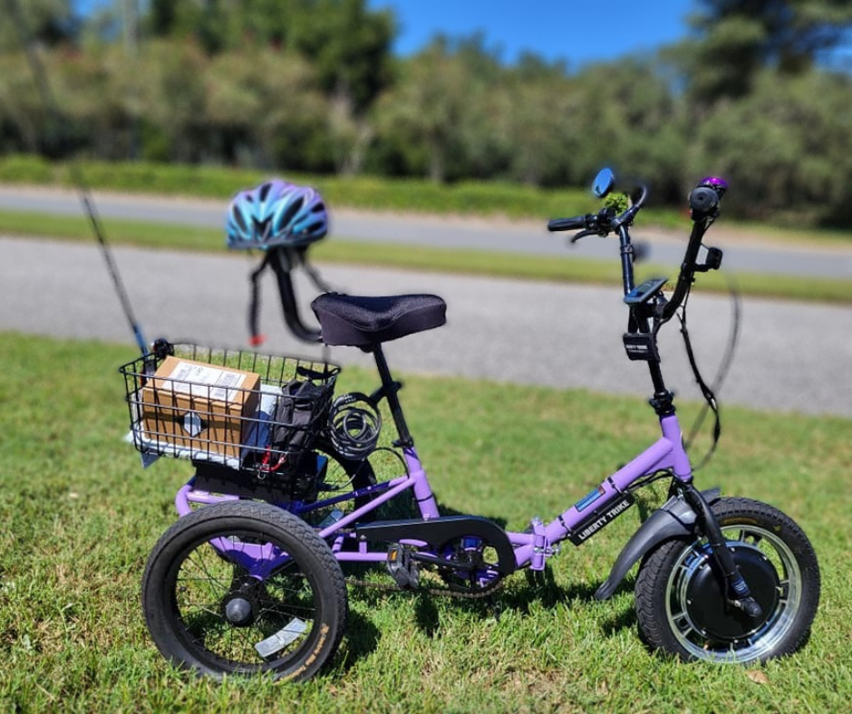 A purple Liberty Trike is sitting in the grass during a lunch break.