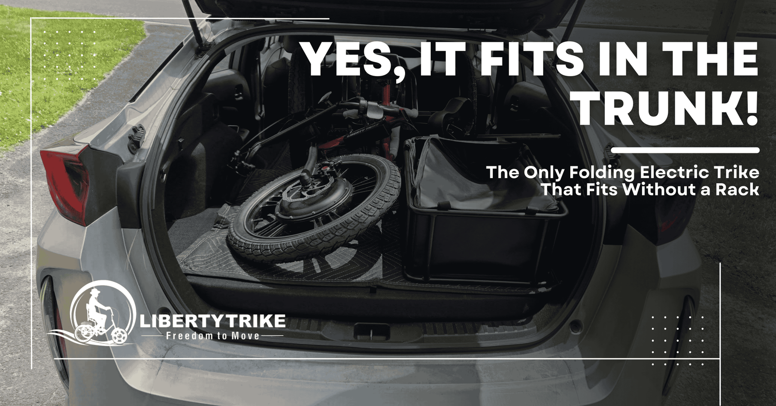 A Liberty Trike 16-inch model neatly folded and loaded into the rear hatch of a Tesla hatchback, showcasing its compact portability for easy travel without a bike rack.