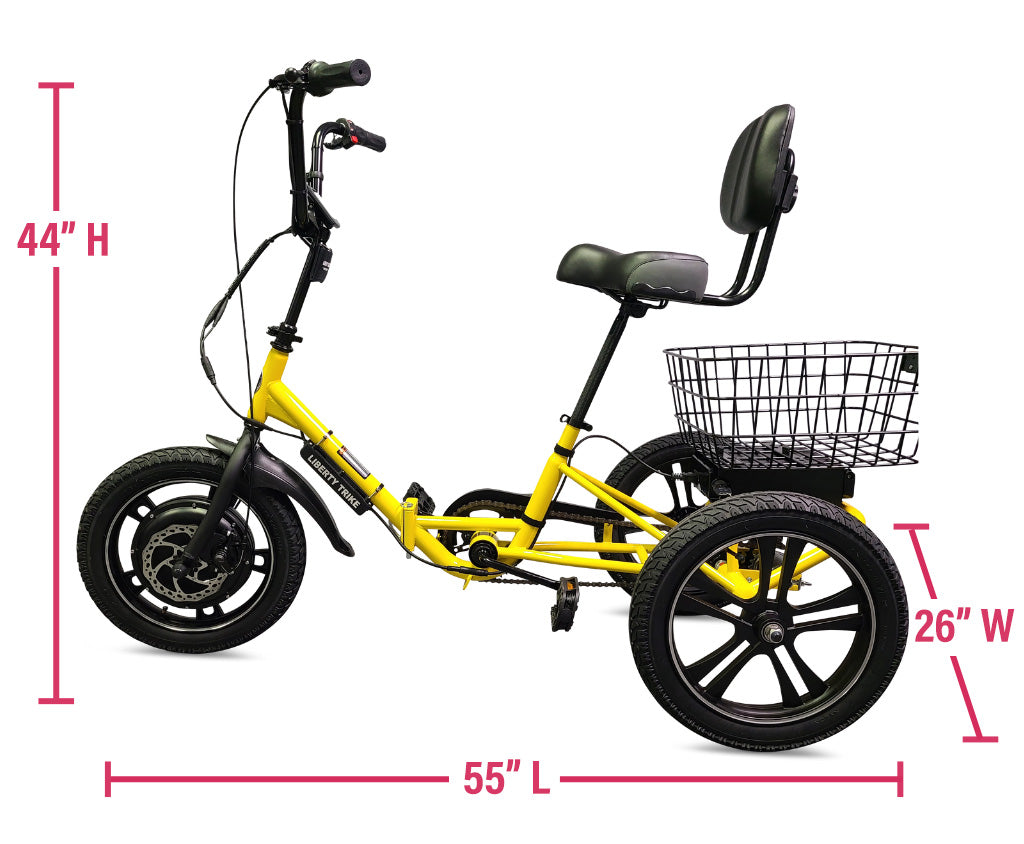 Liberty Trike's length of 55in, width of 26in, and height of 44in