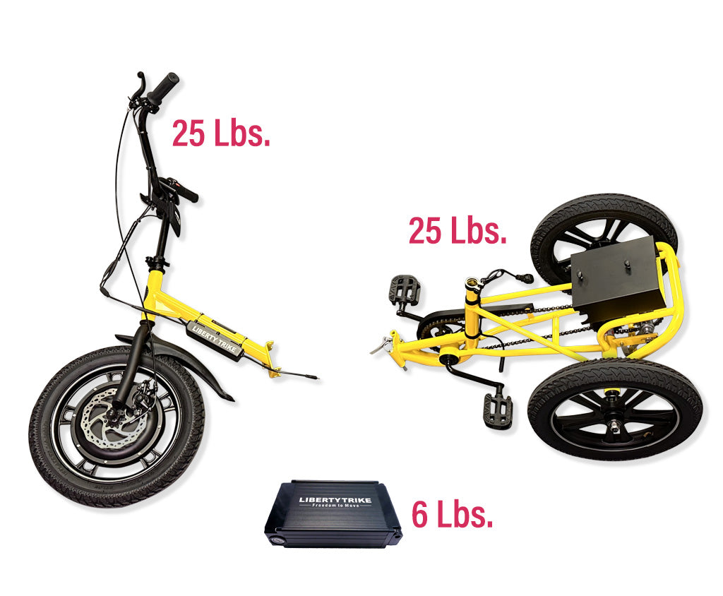 Front and rear halves weight 25 pounds each and the battery alone is 6 pounds, for a total weight of 56 pounds.