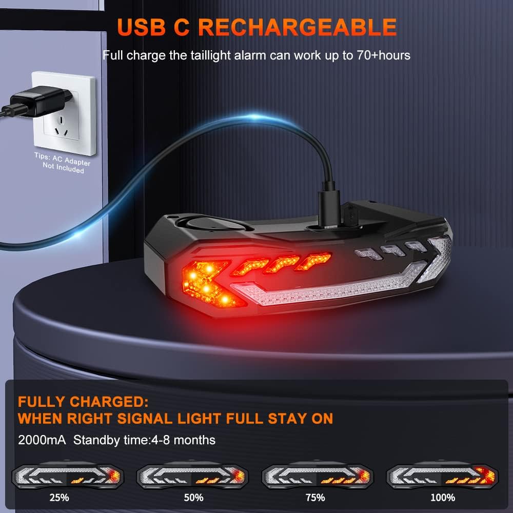 USB C Rechargeable Taillight alarm